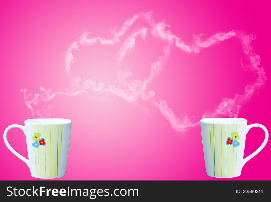 Coffee cup with steam shaped as heart in pink background