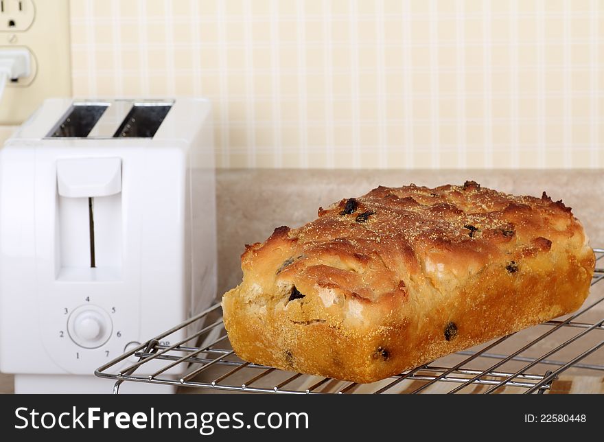 Baked raisin bread on a cooling rack