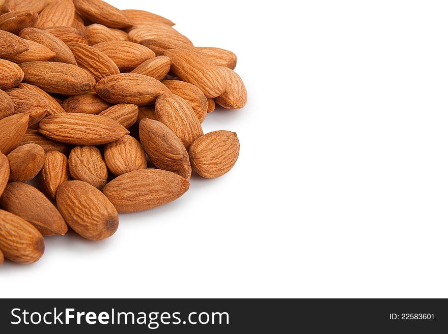 Pile of almonds over white background