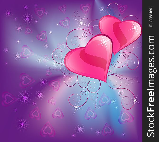 Colorful background with two hearts and decorations for Valentine's Day and life events . There is place for text. Colorful background with two hearts and decorations for Valentine's Day and life events . There is place for text.