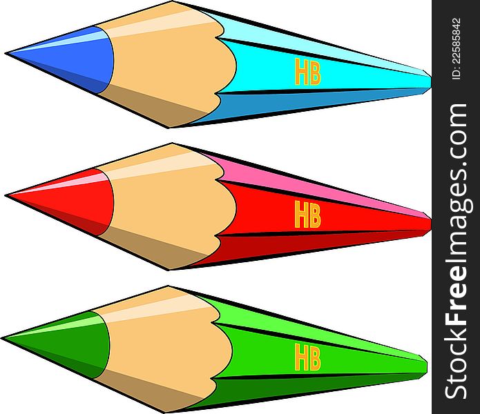 Three color pencils in perspective view