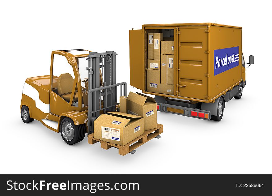 Loader and a minivan carrying a parcel on a white background with clipping path.