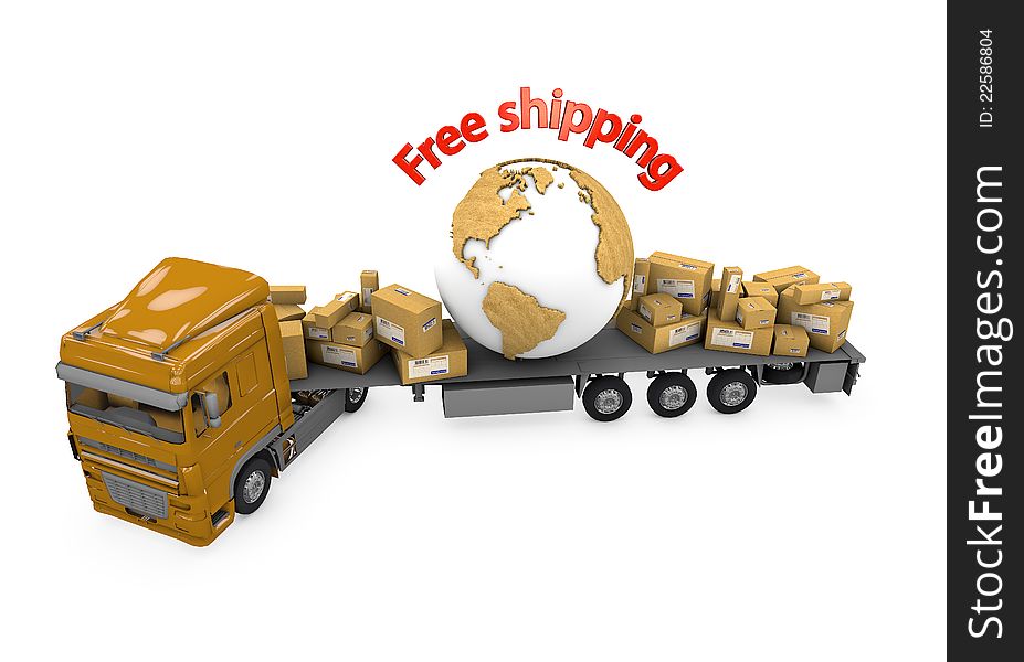 Truck transportation parcels and the planet Earth textured cardboard with the words Free Shipping on a white background with clipping path.