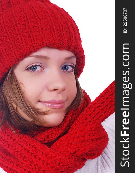 Girl with hat and scarf over white