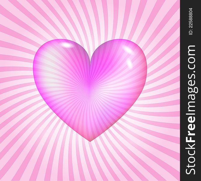 Pink glassy heart on pink background with rays