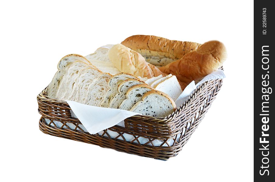 Arrangement of bread in basket on table. Arrangement of bread in basket on table