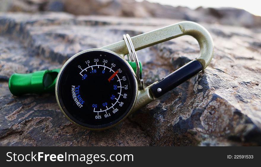 This is a simple outdoor thermometer, this photo was taken on rock, a mountain peak