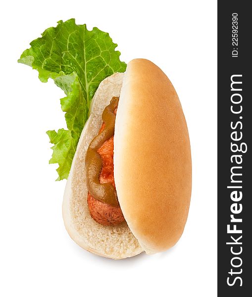 Single hot-dog on lettuce leaf against white background