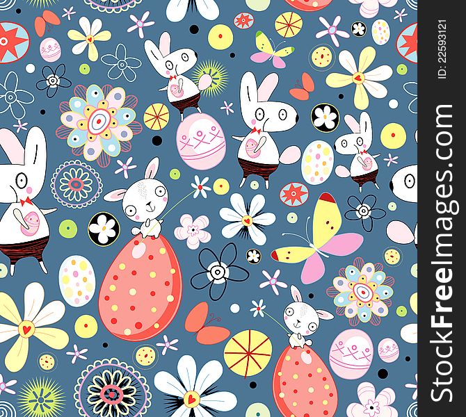 Seamless floral pattern of Easter rabbits and eggs on a dark blue background. Seamless floral pattern of Easter rabbits and eggs on a dark blue background