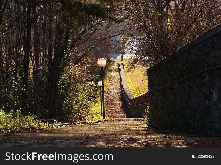 Staris, ancient wall and trees during an autumn sunny day. Staris, ancient wall and trees during an autumn sunny day