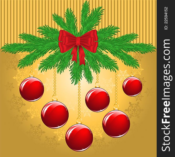 New Year's golden background with fir branches and red balls. New Year's golden background with fir branches and red balls