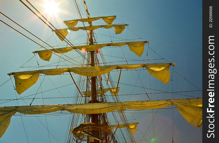 Old sail ship with sun