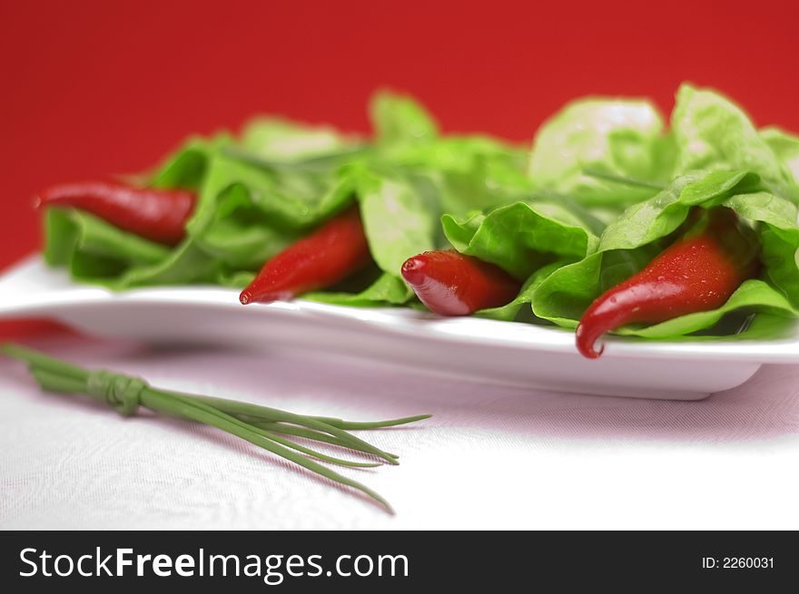 Red chili with oregano on the red background