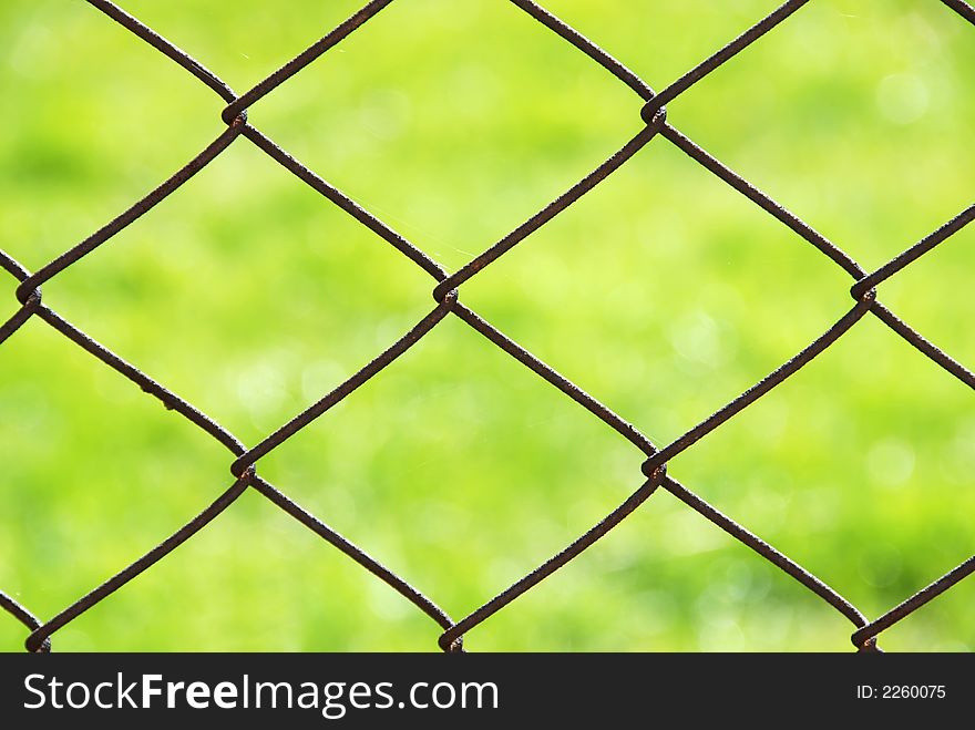 Wire fence with blurred green grass in the background. Wire fence with blurred green grass in the background