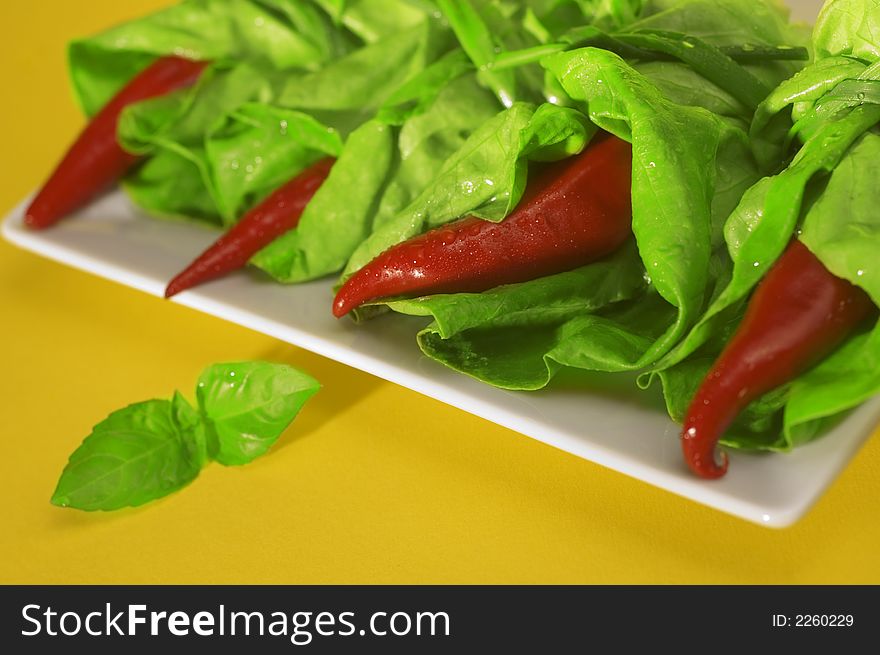 Red chili with salad and oregano on the yellow background