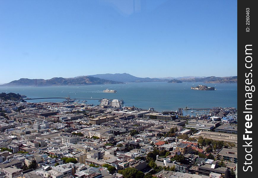 An aerial view of San Francisco with the bay and Alcatraz. An aerial view of San Francisco with the bay and Alcatraz