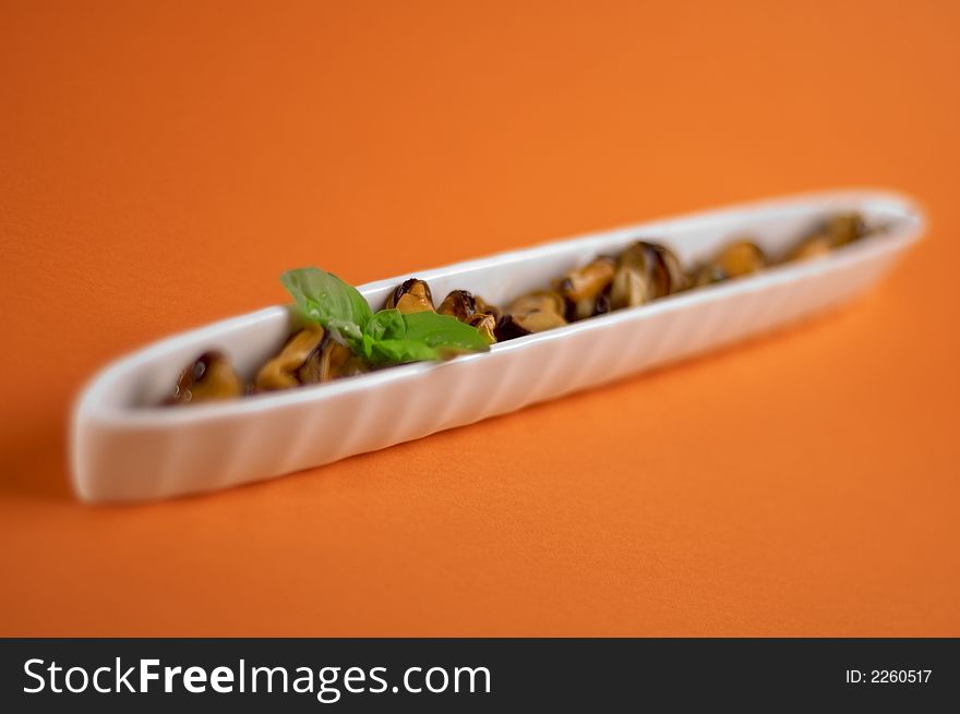 Shells with rice and oregano on the orange background