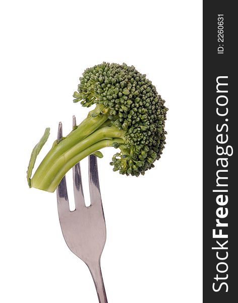 Single piece of broccoli on a fork photographed against a white backdrop. Single piece of broccoli on a fork photographed against a white backdrop.