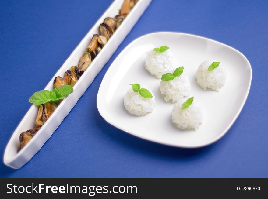 Shells with rice and oregano on the dark blue background