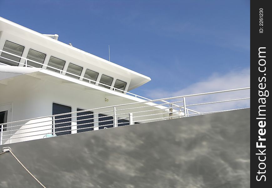 White Cruise ship bridge against blue sky. White Cruise ship bridge against blue sky