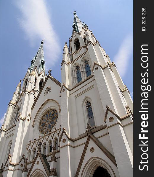 Historic Church looking up at blue sky. Historic Church looking up at blue sky