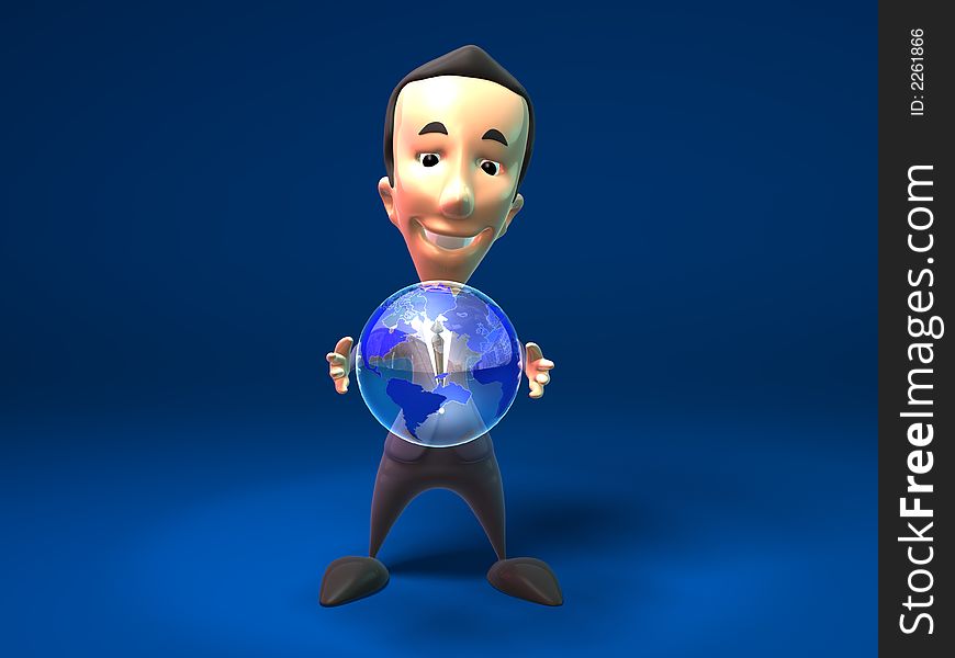 3D toon business guy dreams of invading the world, 3D generated. 3D toon business guy dreams of invading the world, 3D generated