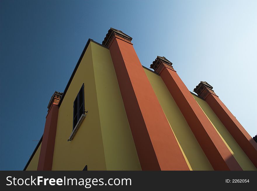 Colorful house against the sky, worm's eye view