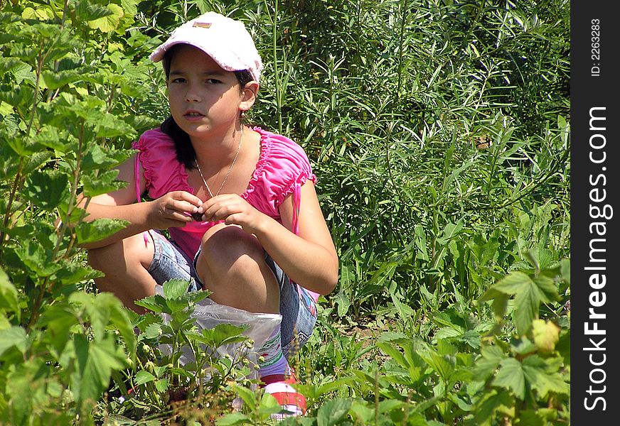 The girl in red sits on a field in the summer. The girl in red sits on a field in the summer