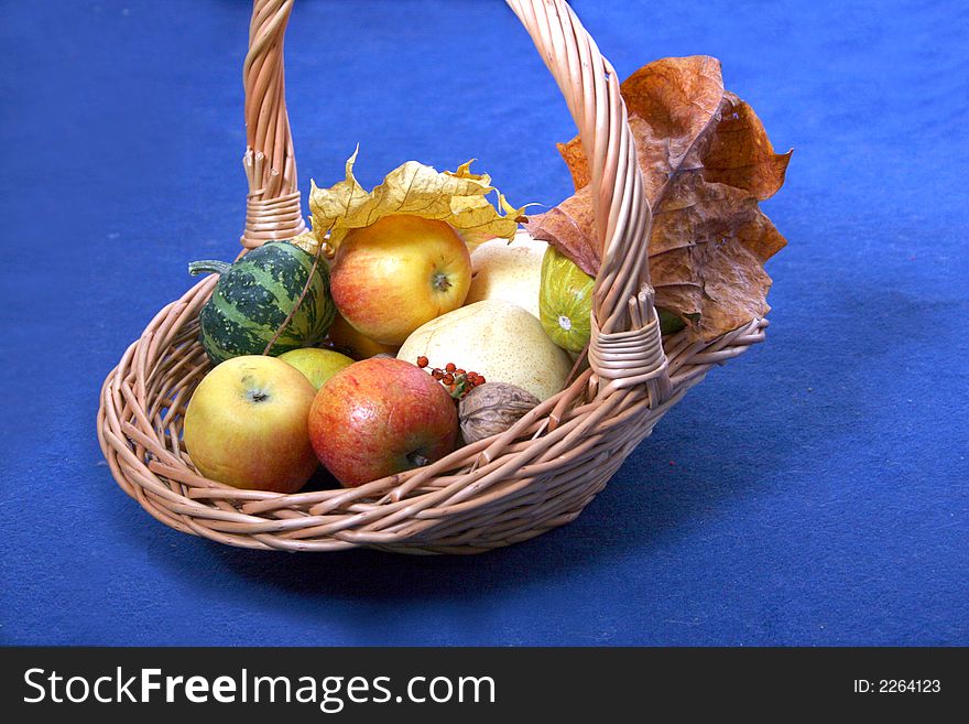 Vegetables and fruits in the basket on the blue. Vegetables and fruits in the basket on the blue