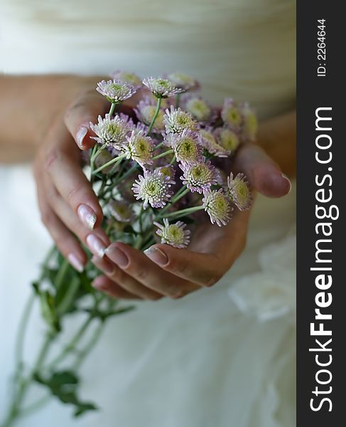 Bouquet from small chrysanthemums in female hands