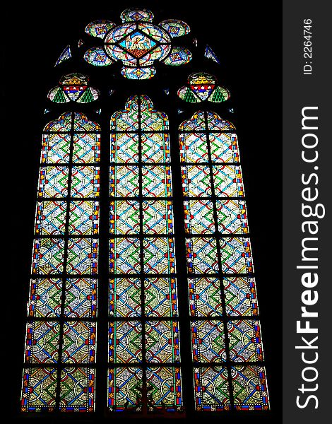 Medieval stained glass window in Paris France