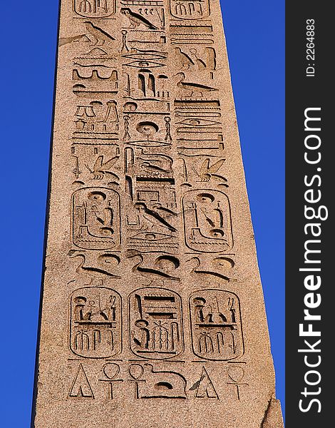 Ancient Egyptian hieroglyphics on the obelisk of Luxor