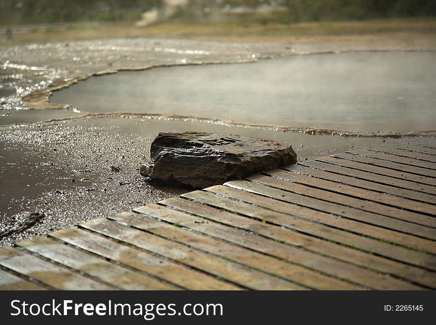 Hot spring and wooden walkway Iceland