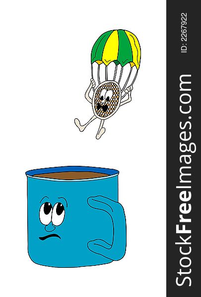 Illustration of a tea bag jumping into a cup of tea