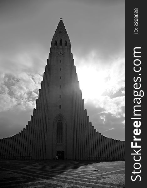 Hallgrimskirkja church in black and white Reykjavik Iceland