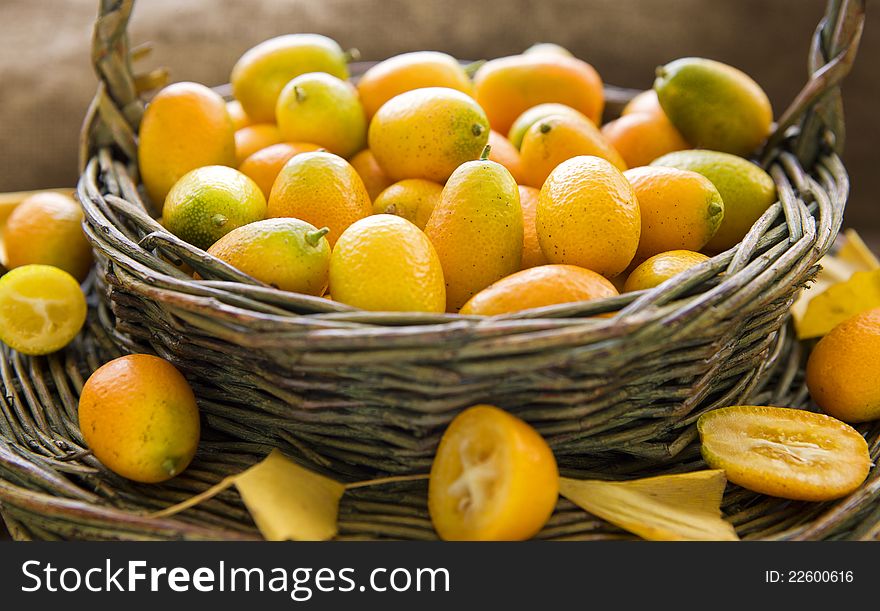 Still life of kumquats in a basket photographed by window light. Still life of kumquats in a basket photographed by window light