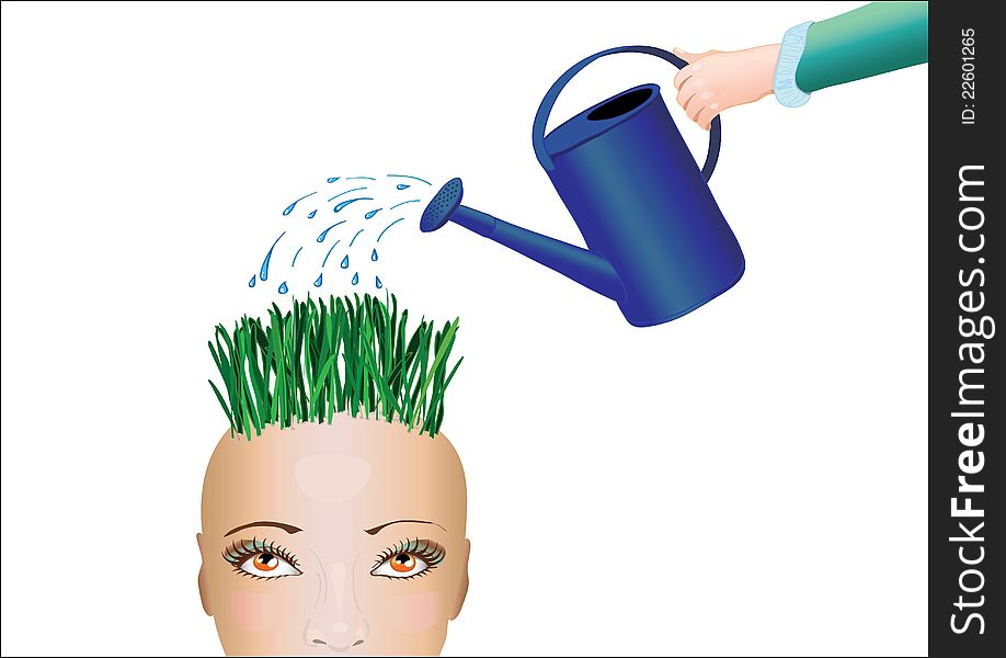 Watering can watering the grass growing out of head. Watering can watering the grass growing out of head