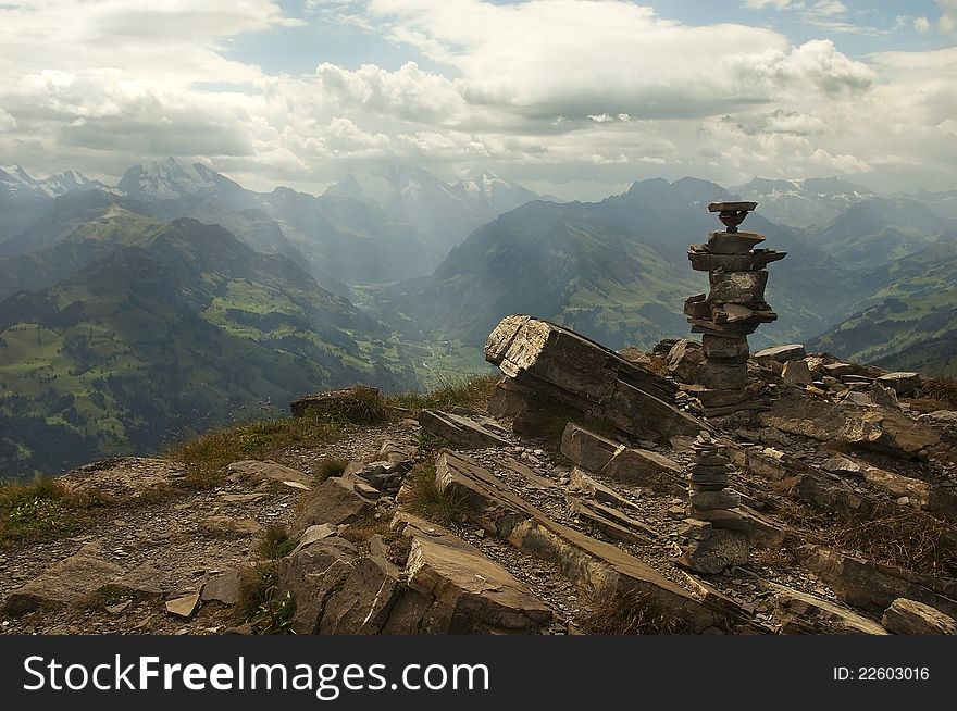 Tower of stones in the Swiss Alps. Tower of stones in the Swiss Alps