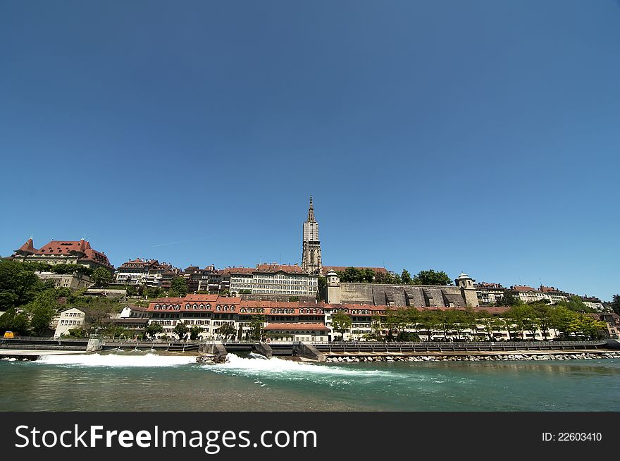 A view of the Munster Cathedral from the Aare river, Bern. A view of the Munster Cathedral from the Aare river, Bern