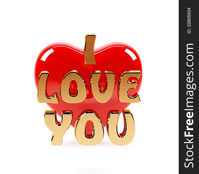 3D I Love you text and red heart on white