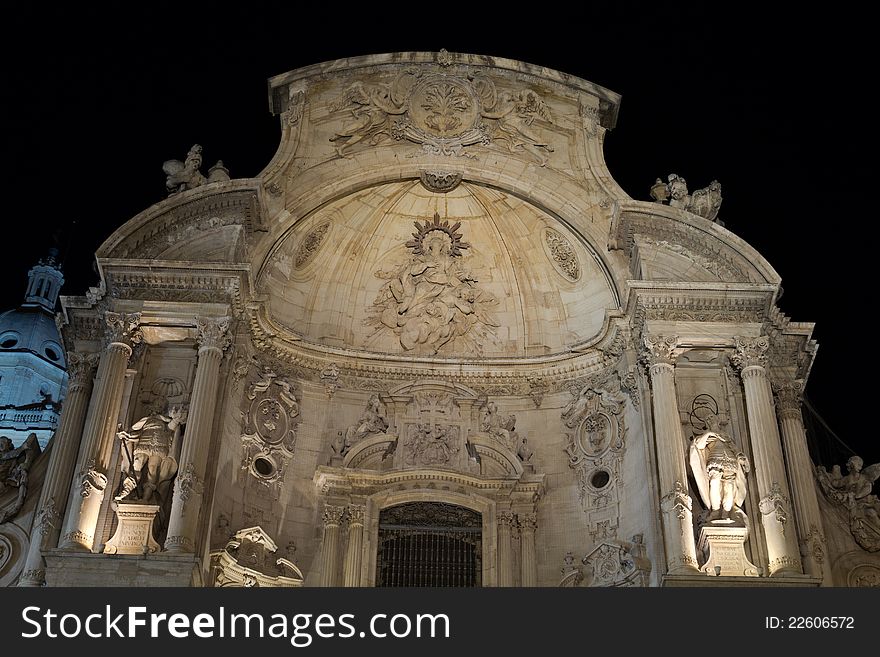 Cathedral Church of Saint Mary in Murcia at night. A mixture of gothic and baroque style. Cathedral Church of Saint Mary in Murcia at night. A mixture of gothic and baroque style.