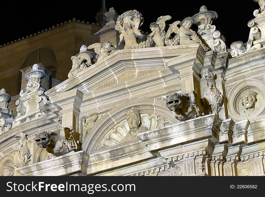 Cathedral Church of Saint Mary in Murcia at night. Closeup details. Cathedral Church of Saint Mary in Murcia at night. Closeup details.