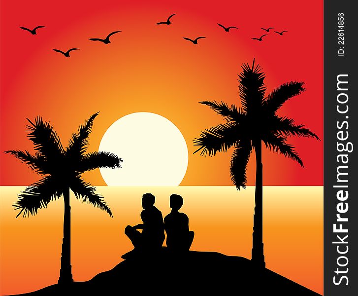 Illustration of a romantic couple watching sunset. Illustration of a romantic couple watching sunset