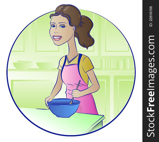 A busy woman stirs a bowl in the kitchen while cooking. A busy woman stirs a bowl in the kitchen while cooking.