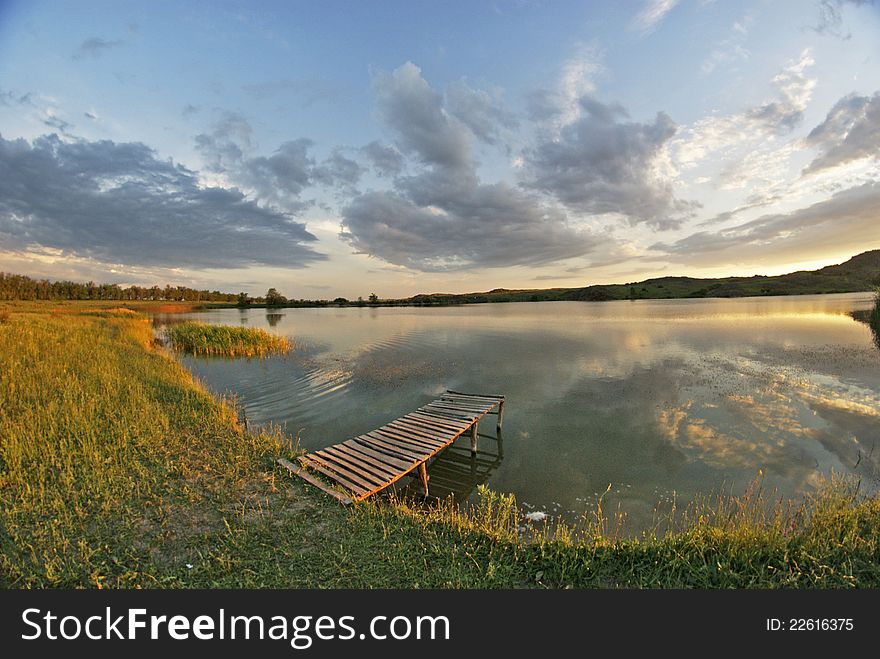 Lake, Wood Bridge, Sunset