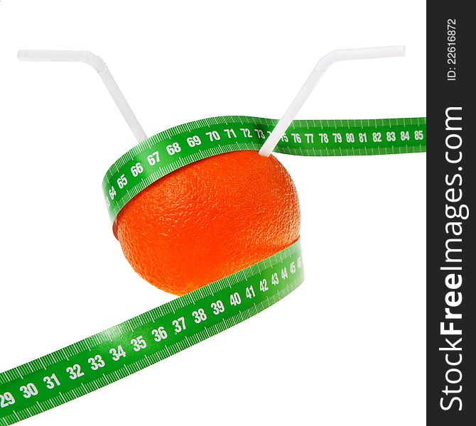 Ripe orange fruit with drinking straws and green measurement tape isolated over white background. Ripe orange fruit with drinking straws and green measurement tape isolated over white background.