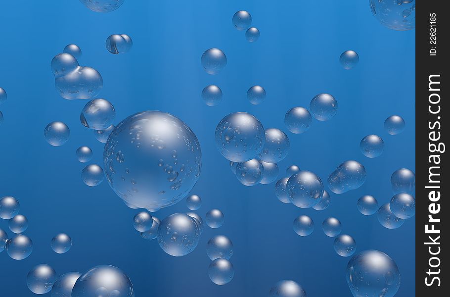 Rising air bubbles on blue water background with some rays from above. Rising air bubbles on blue water background with some rays from above