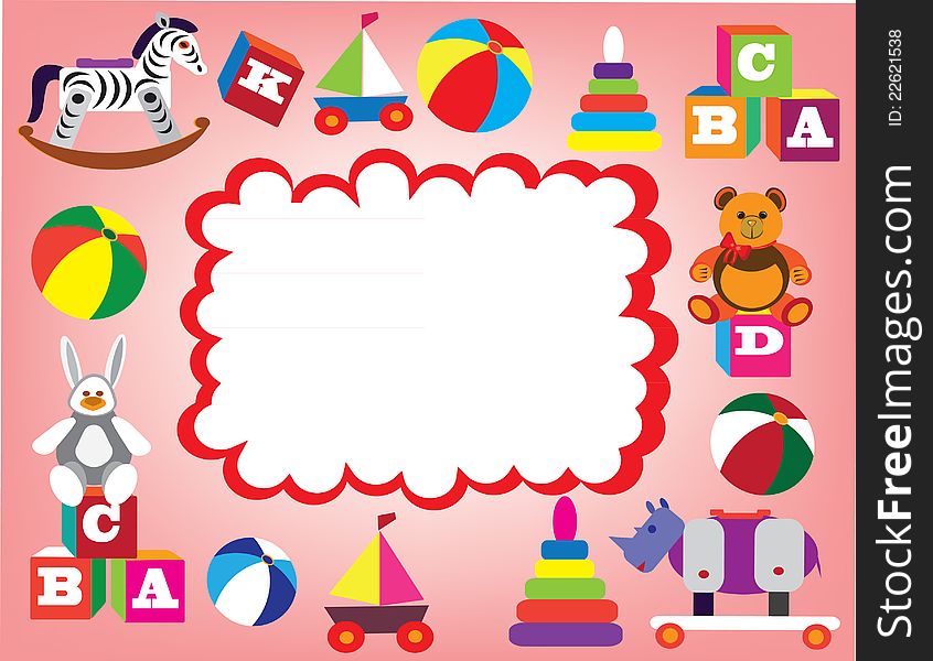 Babyish greeting card on the pink background with different toys:balls,ships,teddy bear,bunny,rhinoceros,zebra,bricks,