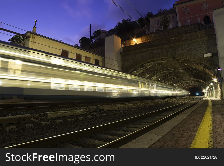 Station by night at riomaggiore,italy