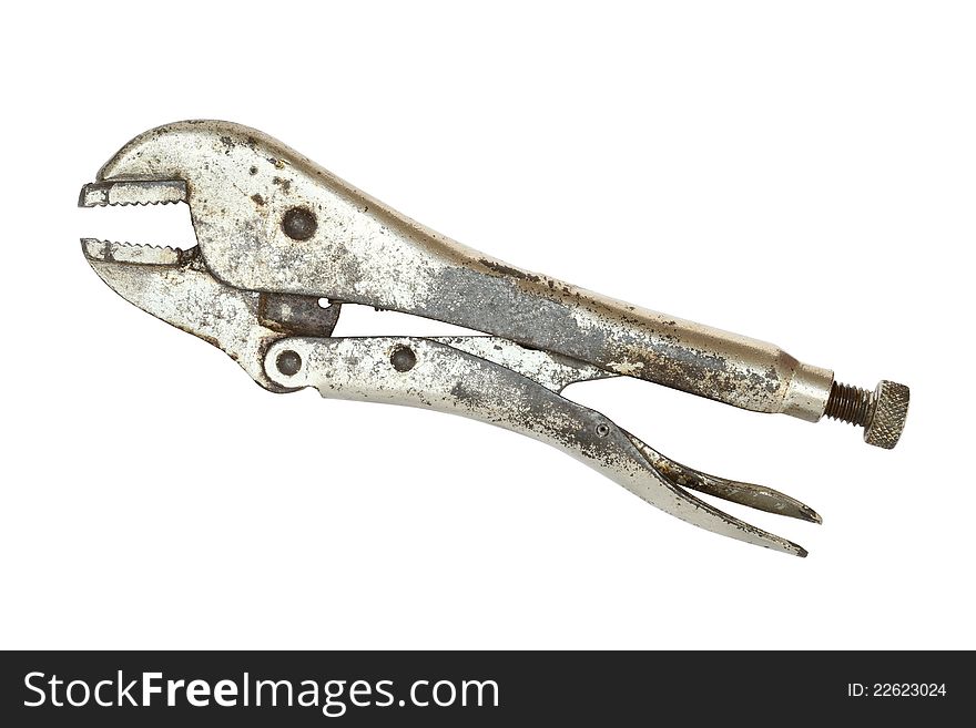 Old locking pliers isolated on white background